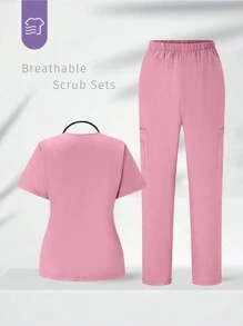 TaskEZ Komplet mundurowy Scrub Solidny top z krótkim rękawem i dekoltem w serek, kieszeniami i spodniami