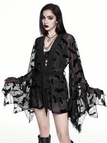 ROMWE Goth 性感透视休闲哥特式开衫，带蜘蛛网网眼植绒蝴蝶结装饰女式上衣 - 黑色 - 查看 6