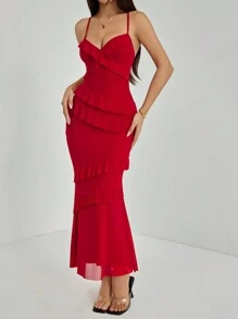 SHEIN PETITE Vestido largo rojo con volantes en la espalda y espalda descubierta
