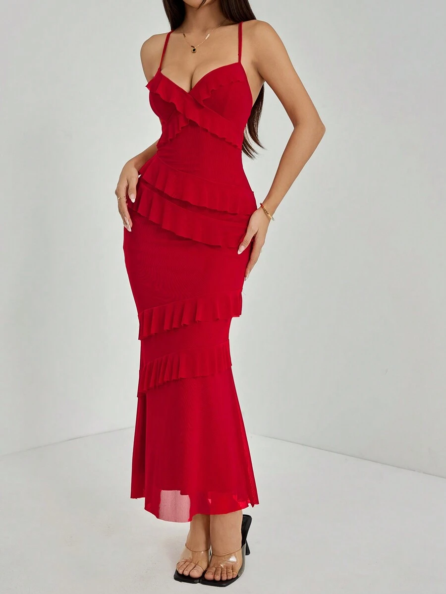 SHEIN PETITE Long Red Dress With Ruffled Back And Exposed Back ,Petite ...