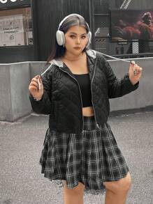 SHEIN EZwear Plus Size Women Patchwork Color Block Drawstring Hooded Padded Coat, Autumn/Winter