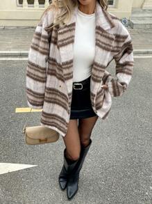 SHEIN Essnce 女士休闲时尚条纹拼色翻领落肩宽松双排扣中长款大衣，秋冬 - 彩色 - 查看 7