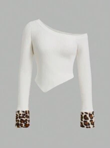 SHEIN ICON Women Off Shoulder Long Sleeve Leopard Pattern Patchwork Furry Cropped White Sweater
