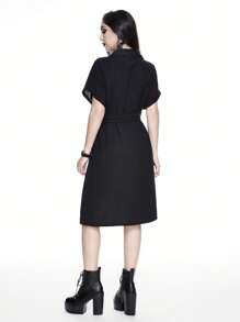 ROMWE Gothic Snake Skin & Floral Print Tie Waist Women's Shirt Dress - Black - View 4