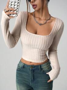 SHEIN ICON 女士纯色长袖简约罗纹休闲 Y2K 方领假日雪地女士米色舒适上衣，日常穿着 - 杏色 - 查看 3