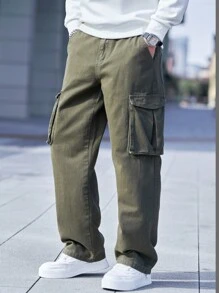 Manfinity Homme 男士简约口袋设计宽松牛仔裤，休闲日常穿着 - 軍綠色 - 查看 7