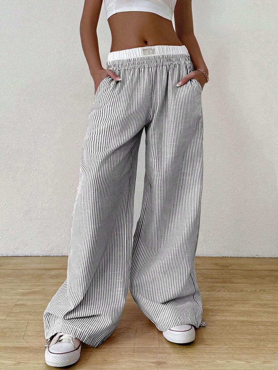 SHEIN EZwear Color Block Elastic Waist Women's Casual Daily Wide Leg Pants - Coffee Brown - View 1