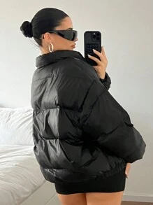 SHEIN ICON Women's Solid Color Front Zip-Up Long Sleeve Simple Casual Padded Coat