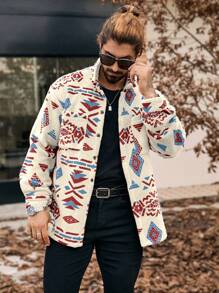 Manfinity CasualCool Men's Geometric Pattern Button-Up Pocket Shacket, Autumn/Winter,Boyfriend Gift,Winter Warm Jacket,Fall Men Clothes,Winter Men Jacket,Coral Fleece Jacket