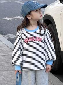 DAZY Young Girls' Round Neck Striped Long Sleeve Casual Sweatshirt, Minimalist & Stylish For Everyday Wear - Multicolor - View 4