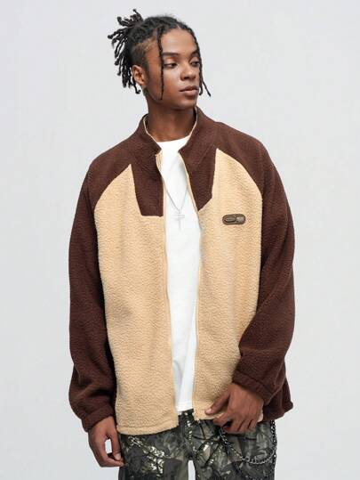 Street Life 1pc Men Plush Spliced Turtleneck Jacket, Suitable For Autumn/Winter Everyday Wear