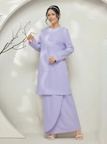 Veilorie Baju Kurung 2pcs/Set Extra Long Wavy Ruffle Hem Crop Top And Maxi Skirt Modest