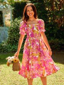 KARISMINA A-Linie Kleid mit Blume Muster, Rüschenbesatz, Volant Ärmeln,