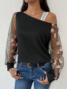 SHEIN LUNE 女士春夏季花卉刺繡不對稱網紗休閒上衣 - 黑色 - 查看 5