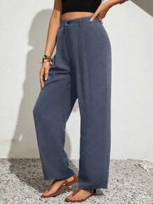SHEIN VCAY Plus Size Holiday Casual Solid Color Pleated Straight Leg Pants