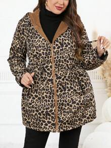 SHEIN Clasi Cazadora con capucha con cremallera y bolsillos, con estampado de leopardo, ropa de invierno de talla grande