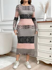 SHEIN LUNE Plus Size Sequin Pattern Slit Hem Bodycon Casual Dress, Slimming Thanksgiving Outfit Women New Years New Years Outfit New Year Eve Outfit