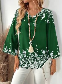 EMERY ROSE Women's Floral Print V-Neck 3/4 Sleeve Loose Blouse