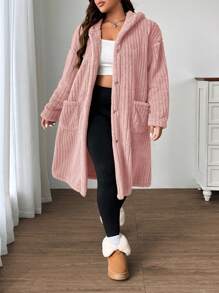 SHEIN EZwear 大尺碼女款可正反穿著抓絨抽繩外套，粉紅色，秋冬休閒連帽鄉村風優雅聖誕新年款 - 粉色 - 查看 2