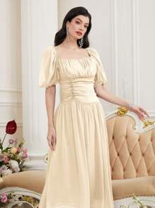 Modelyn Vestido de verano elegante para mujer con cuello cuadrado, de unicolor y arrugas en el busto - Albaricoque - Ver 3