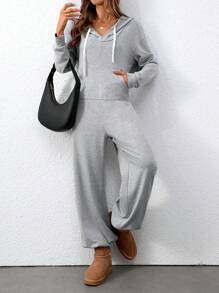 INAWLY Mono informal de mujer con capucha con cordón, unicolor, para otoño/invierno - Gris - Ver 3