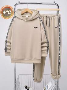 SHEIN Leap Crew Bộ 2 quần dài và áo nỉ trùm đầu thoải mái, rộng rãi, phù hợp với mọi bé trai tuổi teen - Màu Khaki - Xem 4