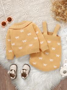 2pcs/Set Baby Girls' Ruffle Collar Long Sleeve Bodysuit, Suspender Bodysuit & Cardigan Set, - Yellow - View 2