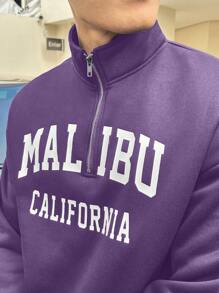 Aesthetic Post--Loose Fit Men's Letter Graphic Half Zip Drop Shoulder Sweatshirt - Purple - View 5