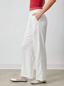 SHEIN EZwear 寬鬆款直筒灰白條紋休閒長褲 - 藍色 - 查看 4