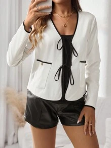 SHEIN Veste décontractée de maternité à col lavallière, manches longues, double poche, avec nœud sur le devant, pour l'automne