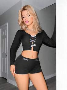 Sweetina 1 Set Estilo minimalista Mujer Blusa de manga larga y shorts, uso casual de todos los días