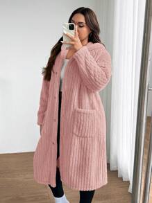 SHEIN EZwear 大尺碼女款可正反穿著抓絨抽繩外套，粉紅色，秋冬休閒連帽鄉村風優雅聖誕新年款 - 粉色 - 查看 6