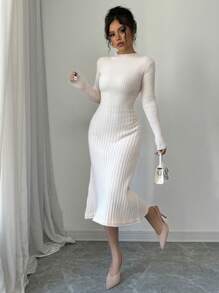 Elenzga Vestido suéter de malha maxi com decote alto e linha A feminino, comprimento longo e emagrecedor, outono/inverno - Damasco - Ver 5