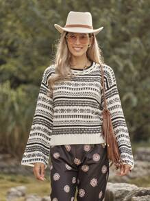 LanaWest 女士几何图案乡村度假休闲针织套头衫秋冬款 - 黑與白 - 查看 1
