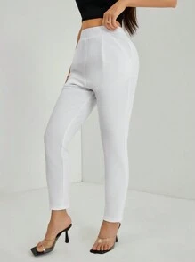 SHEIN PETITE Solid Plicated Detail Skinny Black Pants - White - View 4