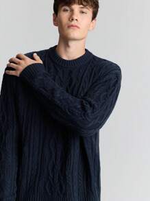 Ontre Men's Spring Navy Blue Round Neck Textured Twisted Rope Pullover Sweater, Loose Casual Versatile Suitable For New Year Party - Navy Blue - View 5