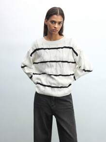 Maija Women's Casual Minimalist Black & White Striped Knitted Sweater, Warm For Autumn/Winter - Black and White - View 3