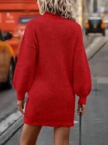 SHEIN Unity 女士纯色立领长袖休闲短款针织连衣裙新年衣服 - 紅色 - 查看 2