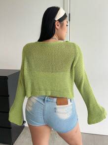 POPSWAY Plus Size Women 3D Crochet Floral Petal Long Sleeve Crop Cardigan, Suitable For All Seasons Indoor/Outdoor Wear, Fashion Crochet Sweater, Winter - Green - View 2