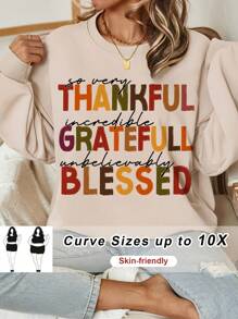 SHEIN CURVE+ Plus Size Women Minimalist Thanksgiving Text Print Loose Fit Crew Neck Long Sleeve Pullover Sweatshirt - White - View 1