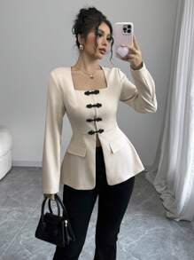 Selianne 女士优雅休闲/办公装方领收腰 A 字形装饰口袋前开撞色纽扣长袖衬衫，春/秋 - 杏色 - 查看 1