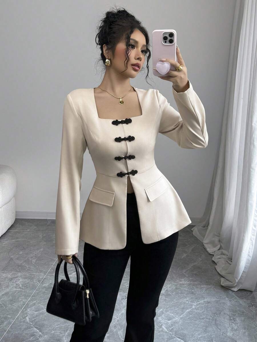 Selianne 女士优雅休闲/办公装方领收腰 A 字形装饰口袋前开撞色纽扣长袖衬衫，春/秋 - 杏色 - 查看 1