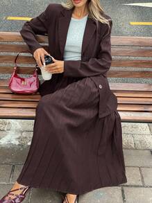 SHEIN Essnce 女士纯色前扣长袖休闲西装上衣和裙子套装