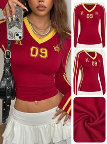 Coolane 女士 Y2K Essentials 条纹纹理装饰运动服 T 恤，派对/新年夜/街头服饰