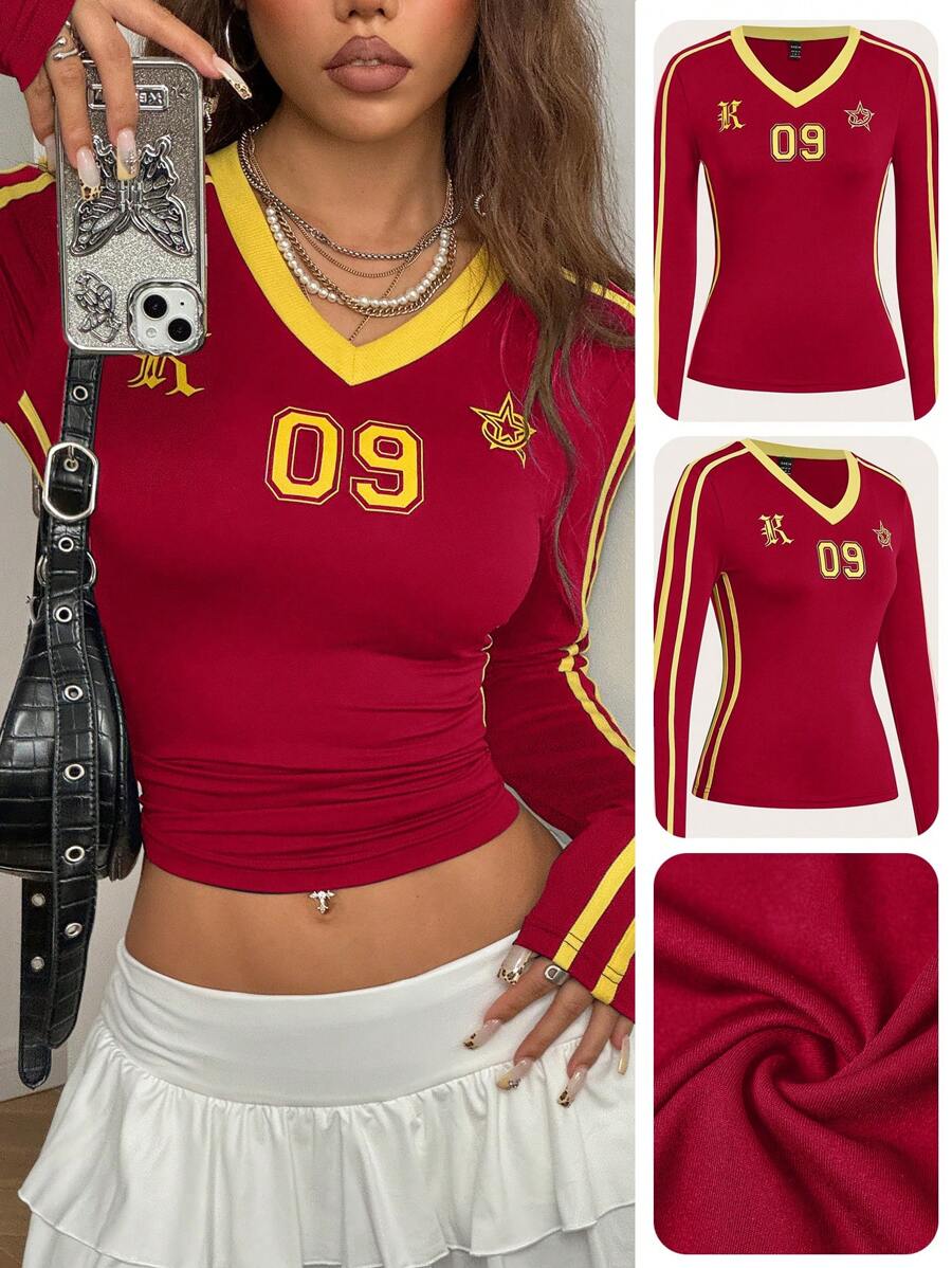 Coolane 女士 Y2K Essentials 条纹纹理装饰运动服 T 恤，派对/新年夜/街头服饰