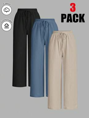 SHEIN Essnce 3packs Summer Pants Women's Solid Color Waist-Tie Wide Leg Loose Casual Pants