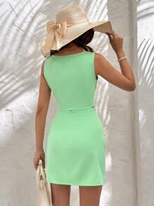 EURMUSE LUNE方領花裝飾純色上衣和迷你裙套裝，夏季兩件套 - 薄荷綠 - 查看 2