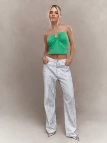 MISSGUIDED Shimmer Ribbed Halter Neck Crop Top Christmas - Green - View 4