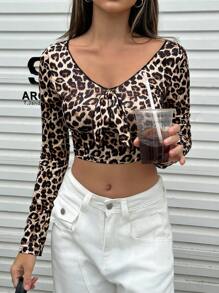 INAWLY Top corto ajustado de manga larga con estampado de leopardo a la moda, para el otoño