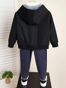 SHEIN Set de 2 piezas de chaqueta con capucha y pantalones de pierna recta y acogedora para bebé niño, apta para viajes, escuela, hogar, ocio, calle, fiesta y actividades al aire libre - Negro - Ver 2